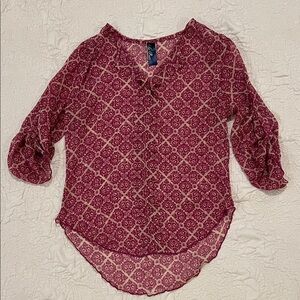 Blue Rain Printed Split-Neck Blouse in Berry Pink